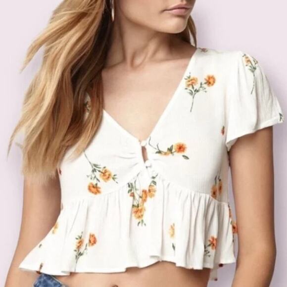 LA Hearts White Floral Button Open Cropped Blouse S - Picture 1 of 6